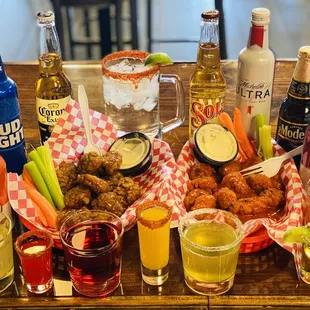 a tray of food and drinks