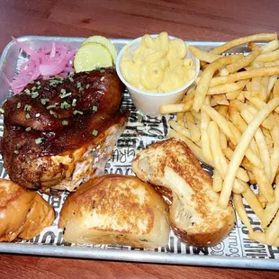 Half chicken platter with Mac and fries