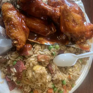Spicy and sweet chicken wings with pork fried rice