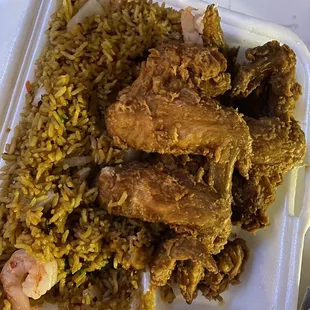 Spicy shrimp fried rice and chicken wings
