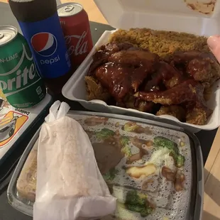  tray of food and a drink