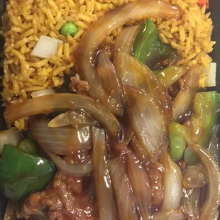 Pepper steak lunch combo, comes with drink or egg roll for $6.75 if you pay with card.  Very good food!