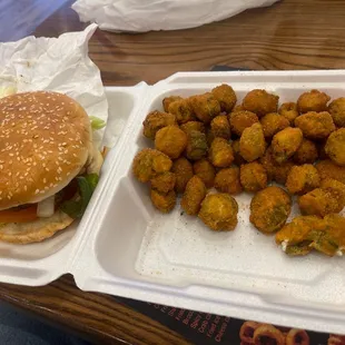 Chicken and shrimp burger with fried okra
