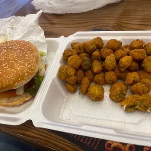 Shrimp and chicken burger with fried okra