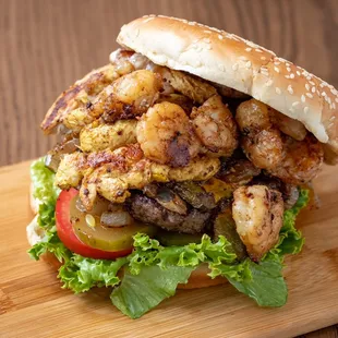 Grill chicken and shrimp burger
