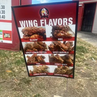 Wing flavors menu next to menu board