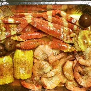 tray of seafood and corn