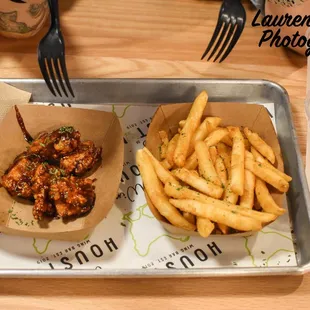 Jerk Boneless Wings and Fries.