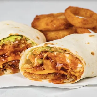 a chicken burrito and onion rings