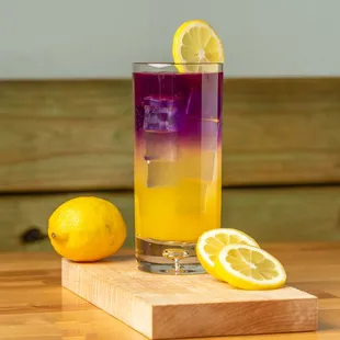 a purple and yellow drink