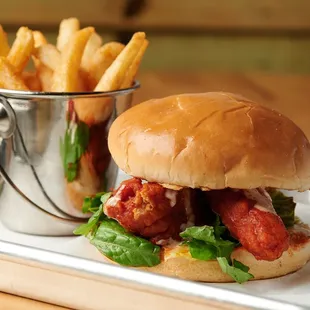 a chicken sandwich and french fries