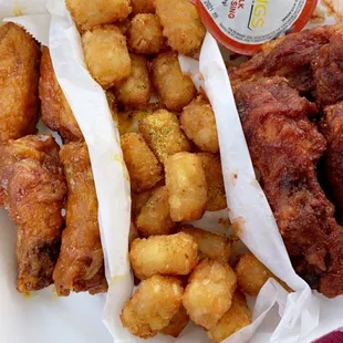 Golden BBQ wings, Garlic Parm Tots, Cajun BBQ wings