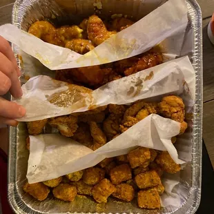 a tray of fried chicken