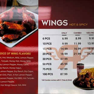 Wings! Choice of wing flavors and wing combo(French fries&amp;drink) also can change French fries to fried rice!!