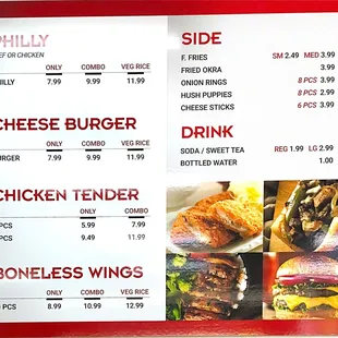 Philly cheese (beef or chicken), cheese burger, chicken tender, boneless wings and more