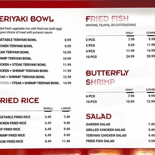 Yummmm Teriyaki bowl, fried rice, fried fish(whiting,tilapia and swai cat fish) and more