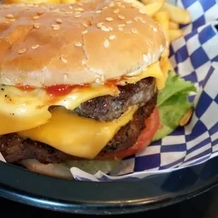 a cheeseburger and french fries