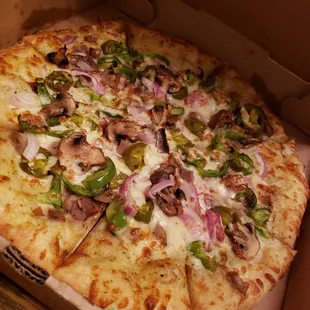 Gyro pizza, well topped but gyro flavor gets buried.