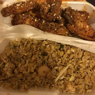 Hot garlic parmesan wings and shrimp fried rice