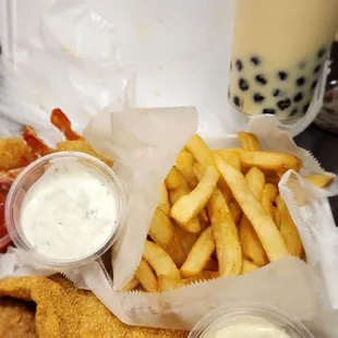 This is the #6 Shrimp and Catfish with fries. Soooo good and very filling! There&apos;s plenty in this tray for two.