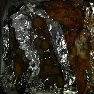 Lemon pepper parmesan and lemon pepper hot chicken wings and okra. Yummy