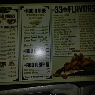 Wings World Menu with 33 flavors shown open every day. 11am - 9pm Sunday - Wednesday ...11am - 10pm Thursday and 1am  Friday and Saturday