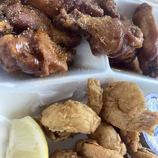 Buffalo Lemon Pepper wings w/ side of fried shrimp