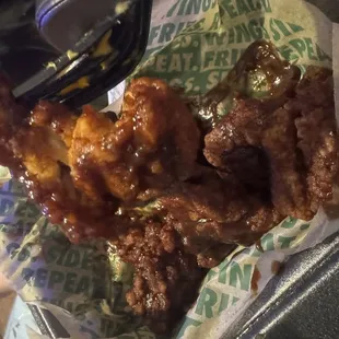 Stringy &amp; chewy - this is supposed to be the Korean bbq. The sauce is good... the chicken is not chicken!