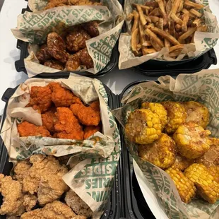 Fries Cajun corn  Boneless chicken wings