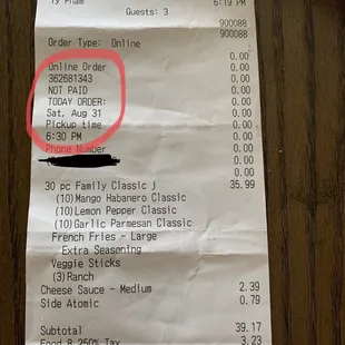 My receipt clearly stating pick-up time.