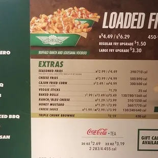 the menu and prices of the food