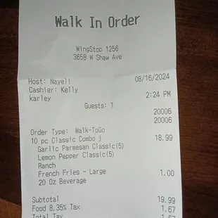 Phone order of a 10pc combo bone in