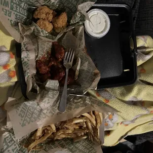 Fries, 5 bbq wings, 3 random unseasoned wings, ranch