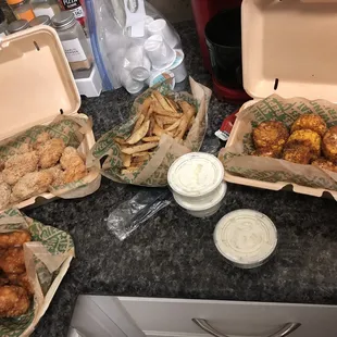 Lemon pepper garlic Parmesan boneless wings, Hawaiian flavored boneless wings,  Cajun corn and fries well done with the best ranch ever