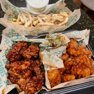 [BONELESS MEAL DEAL]: 8pc Spicy Korean Q, 12pc Maple Sriracha, Parmesan Seasoning Fries + Ranch