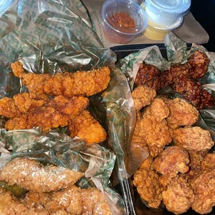 Hot Honey Tenders, Garlic Parm Tenders, Boneless Hot Honey &amp; Korean, Ranch, Cheese and Hot Honey Seasoning