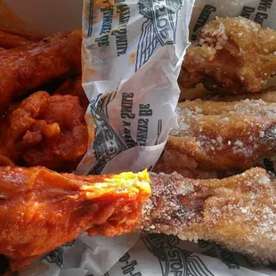 Original hot wings on the left, and garlic parmesan on the right.