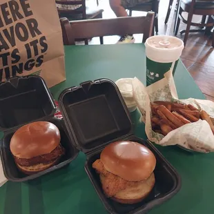 Chicken sandwiches with fries that included ranch dressing, and drink.  Everything was fresh, hot, and juicy!!