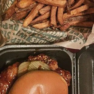 Sweet chili glaze sandwich and hot honey rub fries