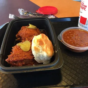 Nashville Hot Chicken and baked beans.