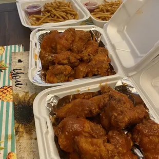 10 wings and fries. Mango express and wings way sauce.