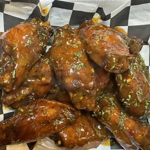 a basket of chicken wings