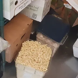 Filthy kitchen. No covers or labels with dates.