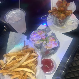 Fries, wrap, wings, drink