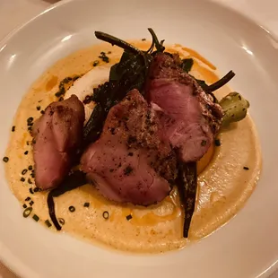 pork tender with okra, yellow squash, lambs quarters, and saffron-hazelnut emulsion
