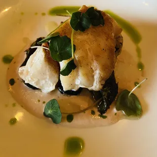 golden tile with roasted hatch chili, peewee potato, and corn-basil coulis