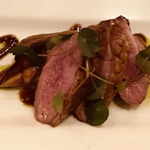 duck breast with trumpet mushroom, grilled eggplant, and hoisin-plum sauce