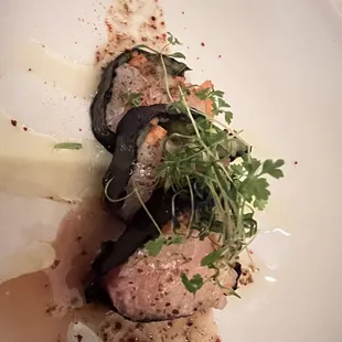 Cobia sashimi in nori with cucumber, carrot, and sesame ginger ponzu