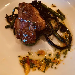 sweetbreads on sweet potato, asian long beans, and lardons with garlic brown sugar glaze