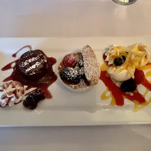 The trio, choc flourless cake, Crème Brulée and Lemon Meringue Pot